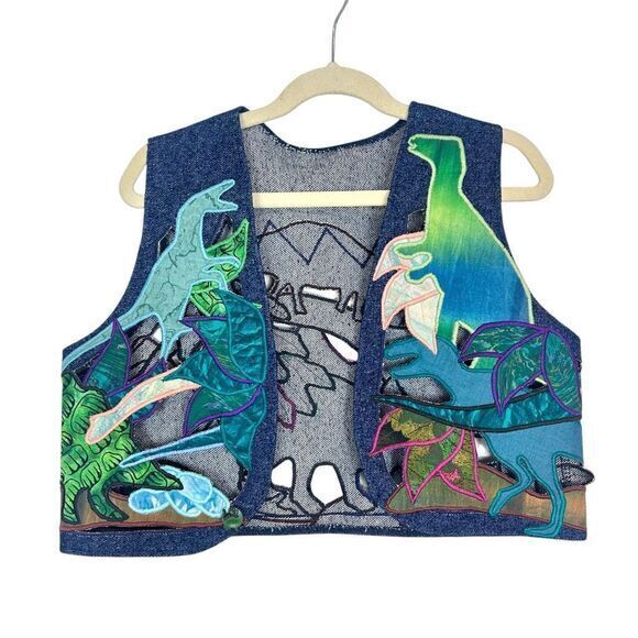 Handmade Other - Vintage Handmade Dino Vest Kids Embroidered Blue western Applique Dinosaur Denim